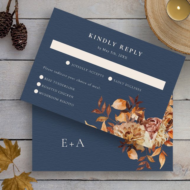 Cartão RSVP Casamento outono marinho (Watercolor Navy Blue Fall Wedding RSVP Card Monogram on Back by Painted Paperie
)