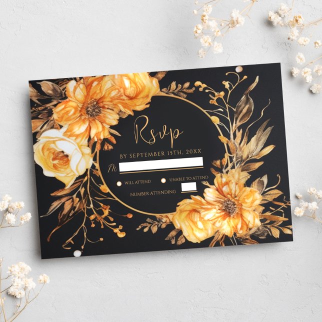 Cartão RSVP Casamento outono Preto Elegante Floral (Floral Elegant Black Fall Wedding RSVP Card)