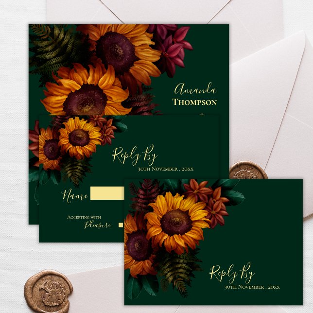 Cartão RSVP Casamento outono Russo de Girassol Verde do outono (Pretty Autumn Green Sunflower Rustic Fall Wedding RSVP Card)