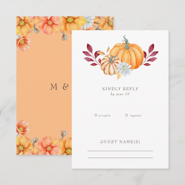 Cartão RSVP Casamento outono Rustic Watercolor Orange Pumpkins (Frente/Verso)