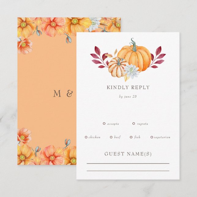 Cartão RSVP Casamento outono Rustic Watercolor Orange Pumpkins (Frente/Verso)