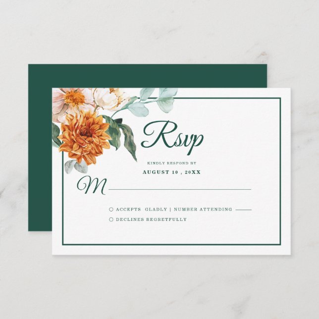 Cartão RSVP Casamento outono Verde Rustic Elegant Floral Emera (Frente/Verso)