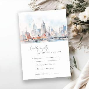 Cartão RSVP Casamento Paisagem Aquarela Detroit Michigan