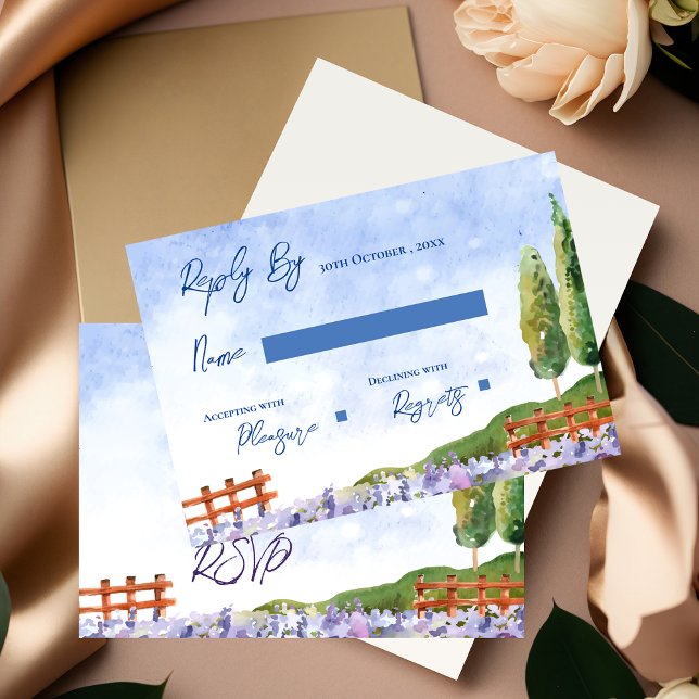 Cartão RSVP Casamento paisagístico de Campos de Lavanda Bonito (Elegant Pretty Lavender Fields Landscape Wedding RSVP Card)