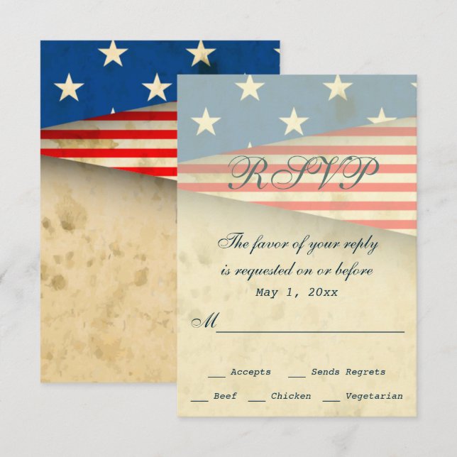 Cartão RSVP Casamento Patriótico Vintage American Flag (Frente/Verso)
