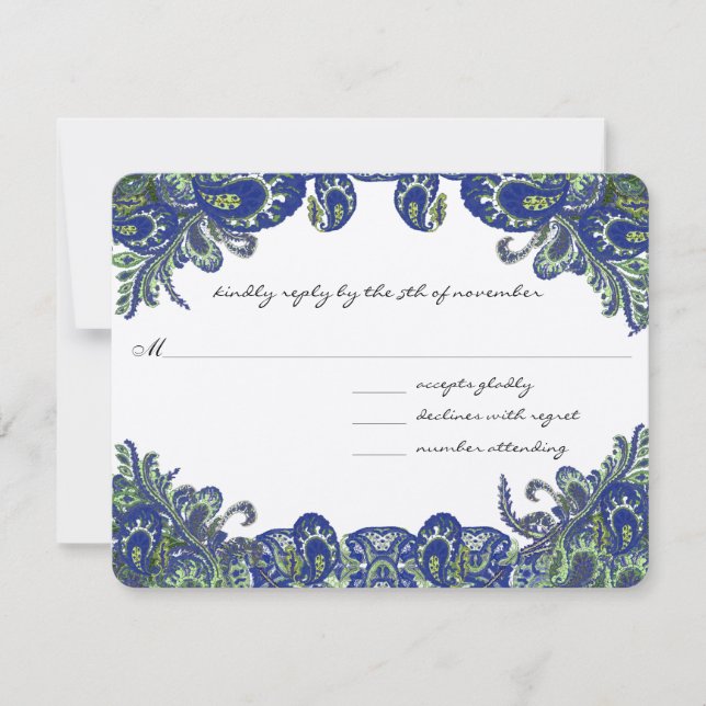 Cartão RSVP Casamento Pavão Azul e Verde (Frente)