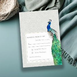 Cartão RSVP Casamento Peacock de Aquarela com Ornamentado Clás