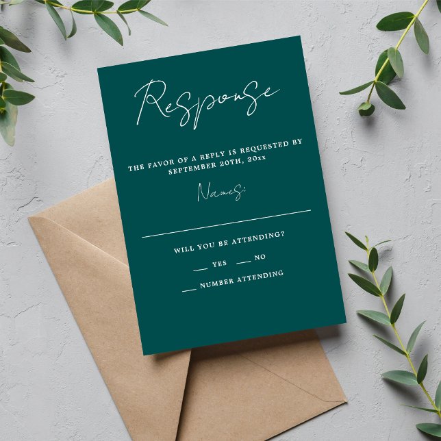 Cartão RSVP Casamento Peacock Mínimo de Simplicidade 3 Script  (Criador carregado)