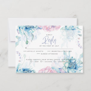 Cartão RSVP Casamento  Pêonias Azuis e Bubblegum Rosa