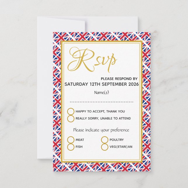 Cartão RSVP Casamento Personalizado BRITAIN, EXCELENTE do Rein (Frente)