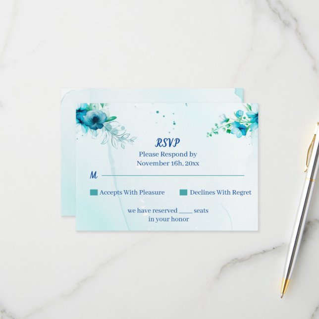 Cartão RSVP Casamento Personalizado de Flor Azul Elegante (Frente/Verso In Situ)