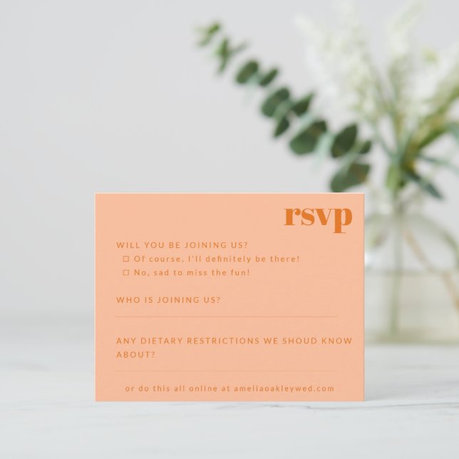 Cartão RSVP Casamento Personalizado De Pêssego Laranja-Minimal (Em pé/Frente)