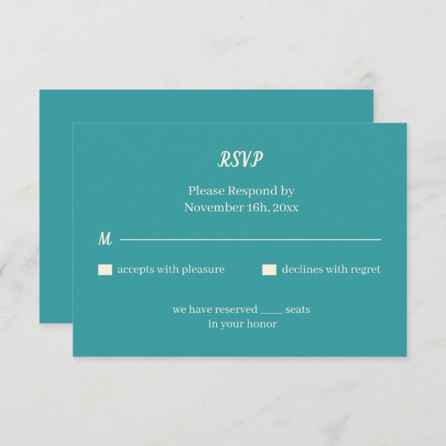 Cartão RSVP Casamento Personalizado Simples de Teal (Frente/Verso)