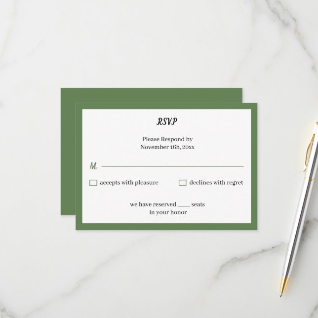 Cartão RSVP Casamento Personalizado Verde Simples (Frente/Verso In Situ)