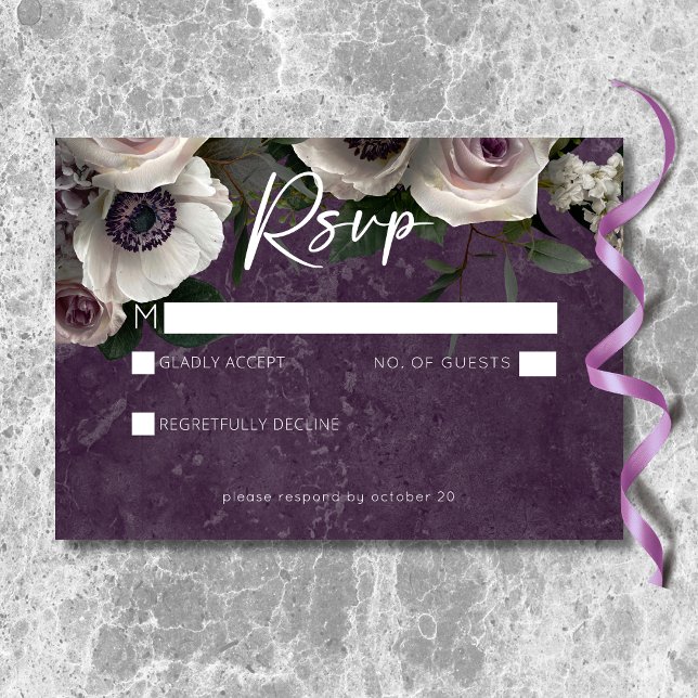 Cartão RSVP Casamento Plum Purple Elegante Floral Moderno (Plum Purple Elegant Floral Modern Wedding RSVP Card)