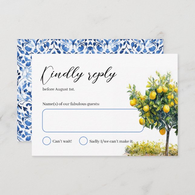 Cartão RSVP Casamento por Aquarela de Limão, Azulejos Italiano (Frente/Verso)
