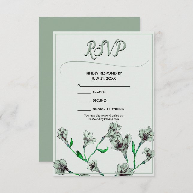 Cartão RSVP Casamento por Aquarela Floral Verde Sage (Frente/Verso)