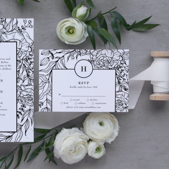 Cartão RSVP Casamento por morte de monograma preto dramático (RSVP showcasing suite - additional items (bought separately))