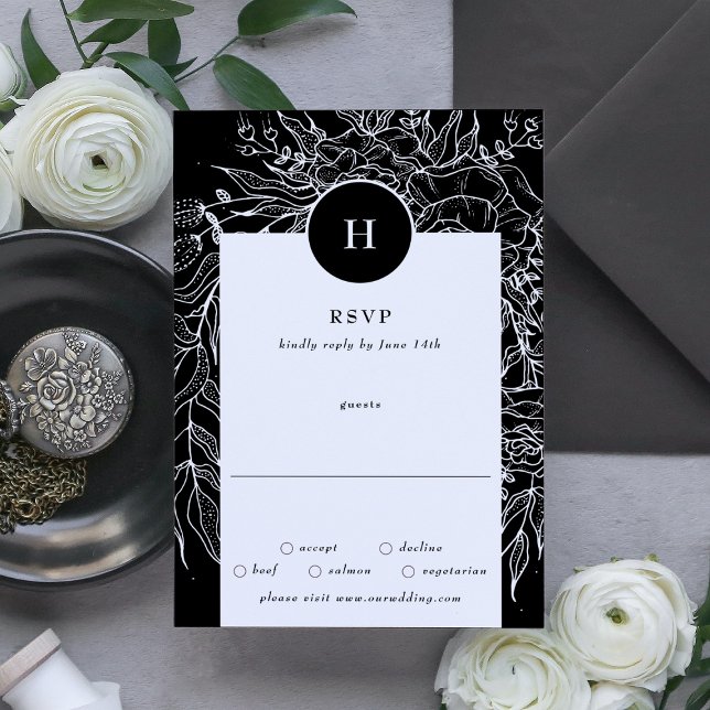 Cartão RSVP Casamento por terra do Elegante Black Tuxedo Monog (Criador carregado)