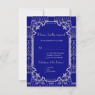 Cartão RSVP Casamento Prata Azul Marinho Great Gatsby Art Déco