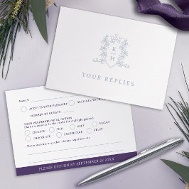 Cartão RSVP Casamento prateado roxo com crista cardíaca monogr