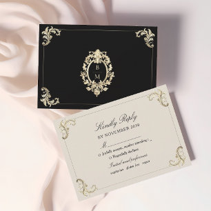 Cartão RSVP Casamento Preto Barroco Dourado