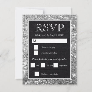 Cartão RSVP Casamento Preto Brilhante Prata Elegante