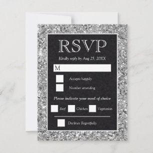 Cartão RSVP Casamento Preto Brilhante Prata Elegante
