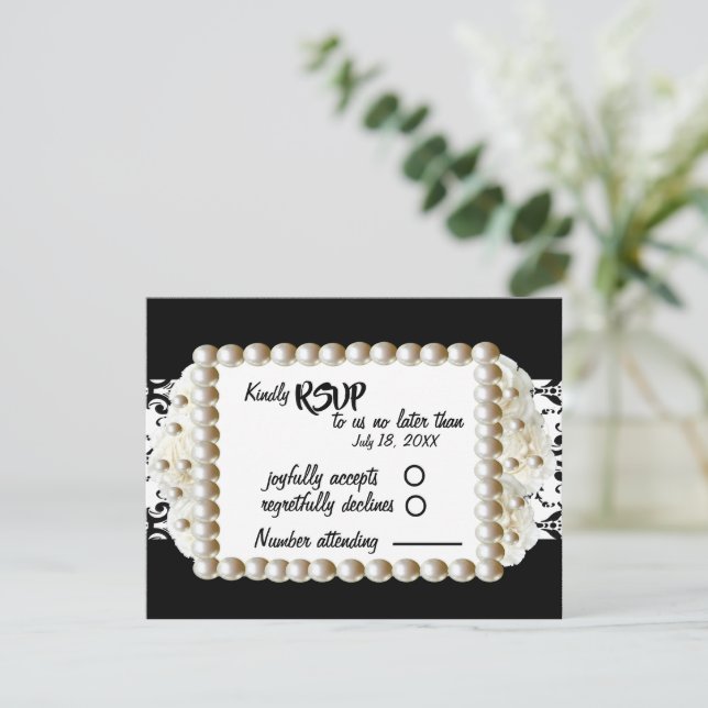 Cartão RSVP Casamento Preto Chic $ Damask Pearl Branco (Em pé/Frente)