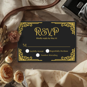 Cartão RSVP Casamento Preto Dourado Vintage 