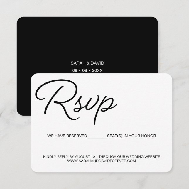 Cartão RSVP Casamento preto e branco chic Assento reservado (Frente/Verso)