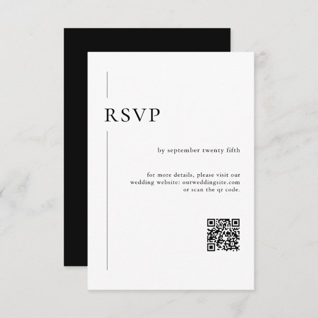 Cartão RSVP Casamento preto e branco com código QR moderno ele (Frente/Verso)