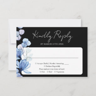 Cartão RSVP Casamento Preto e Branco com Monograma Floral Azul