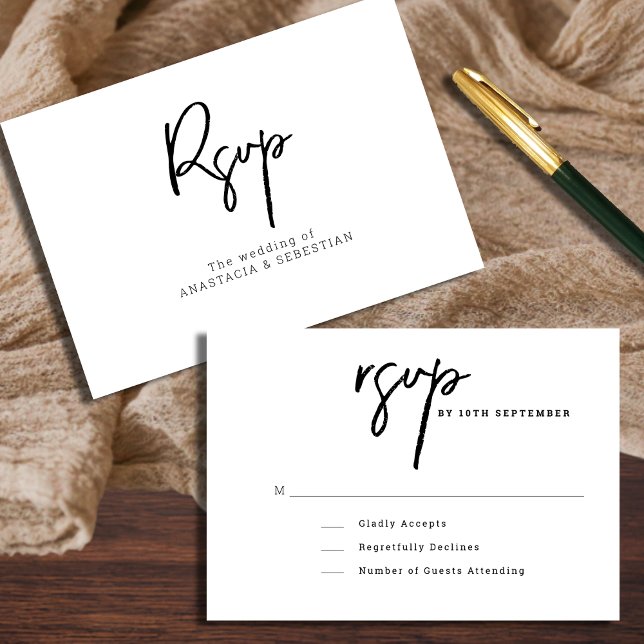 Cartão RSVP Casamento preto e branco com script mínimo (Minimal Script Black and White Wedding RSVP Card)