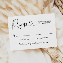 Cartão RSVP Casamento Preto e Branco Coração Script