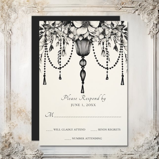Cartão RSVP Casamento Preto e Branco de Chandelier Floral Eleg (Elegant Floral Chandelier Black and White Wedding RSVP Card)