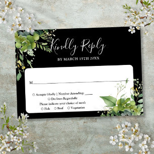 Cartão RSVP Casamento Preto e Branco de Folhagem de Eucalipto