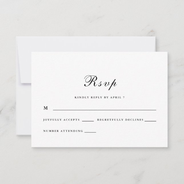 Cartão RSVP Casamento preto e branco de Script Clássico e Eleg (Frente)