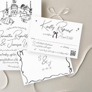 Cartão RSVP Casamento preto e branco desenhado na mão