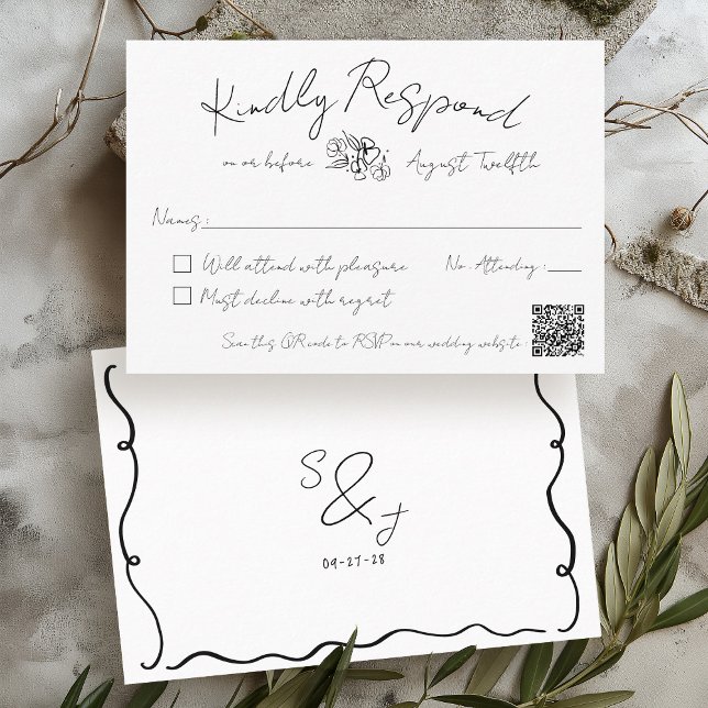Cartão RSVP Casamento Preto e Branco em Forma de Simples (Modern trendy black & white minimalist hand drawn handwritten monogram QR code wedding RSVP card)