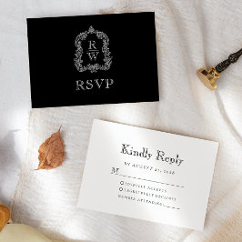 Cartão RSVP Casamento Preto e Branco Monograma Crest