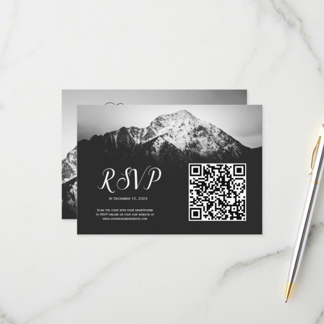 Cartão RSVP Casamento preto e branco sob as montanhas (Frente/Verso In Situ)