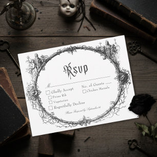 Cartão RSVP Casamento Preto Elegante Vintage Gótico Toile de J