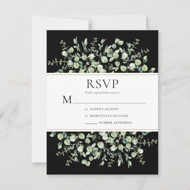 Cartão RSVP Casamento preto Eucalyptus (Frente)