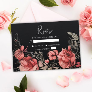 Cartão RSVP Casamento Preto Floral Simples e Gótico