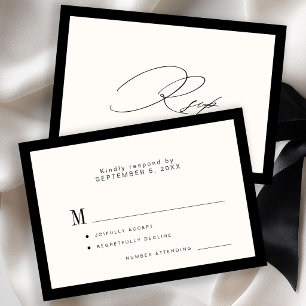 Cartão RSVP Casamento preto marfim em caligrafia elegante clás