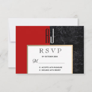 Cartão RSVP Casamento Preto Vermelho Moderno