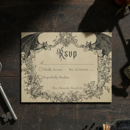 Cartão RSVP Casamento Preto Vintage Gótico Toile Bege