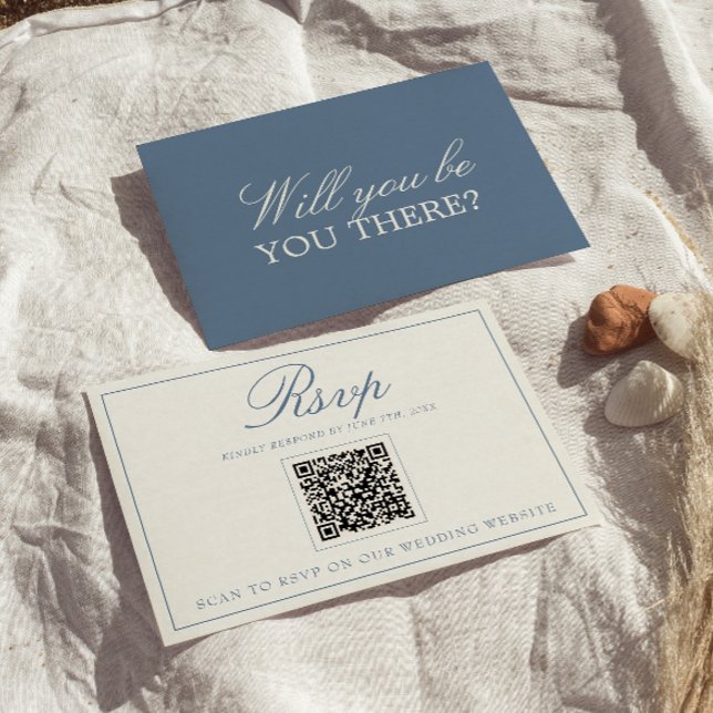 Cartão RSVP Casamento QR Code Azul e Branco Clássico com Dinhe (Criador carregado)
