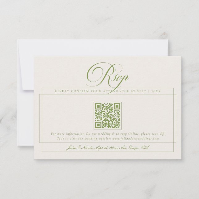 Cartão RSVP Casamento QR Code Caligrafia Marfim Verde Clássico (Frente)